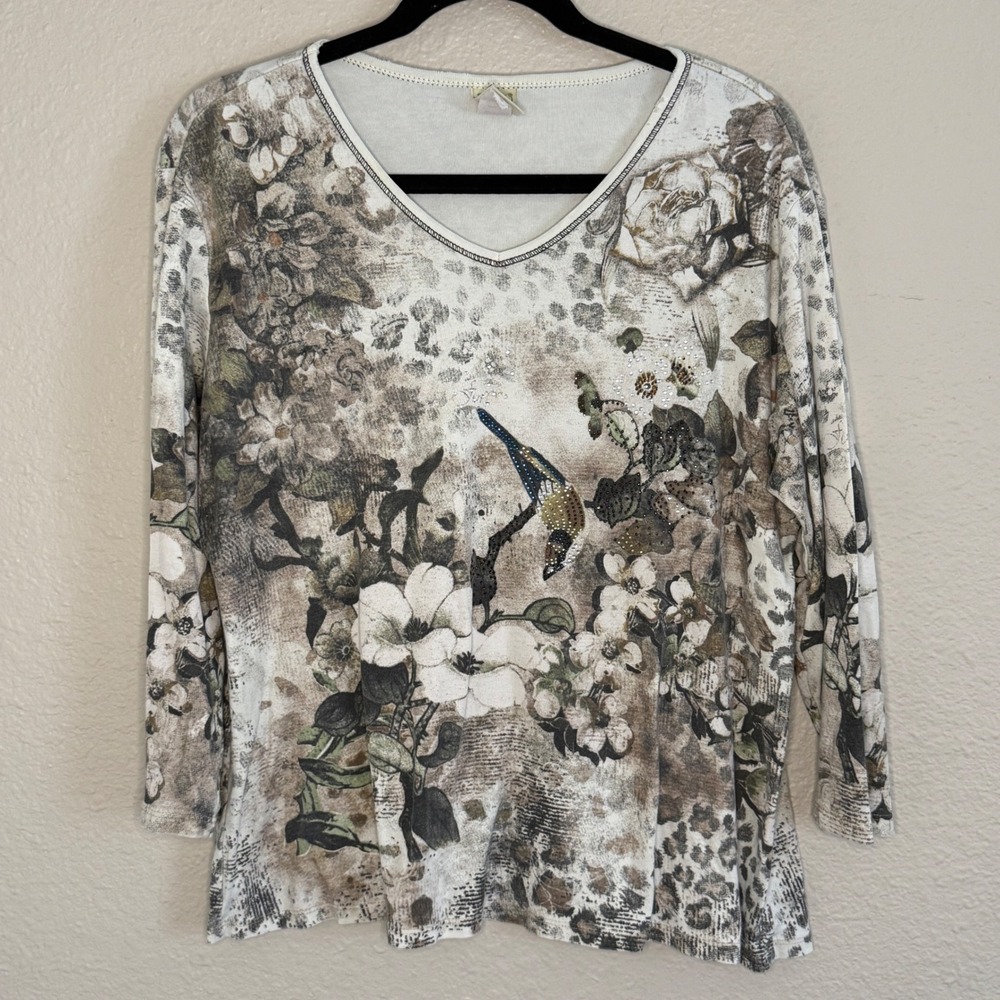 Jess & Jane Solitude Top XL Floral Animal Print Rhinestone Lagenlook Artsy